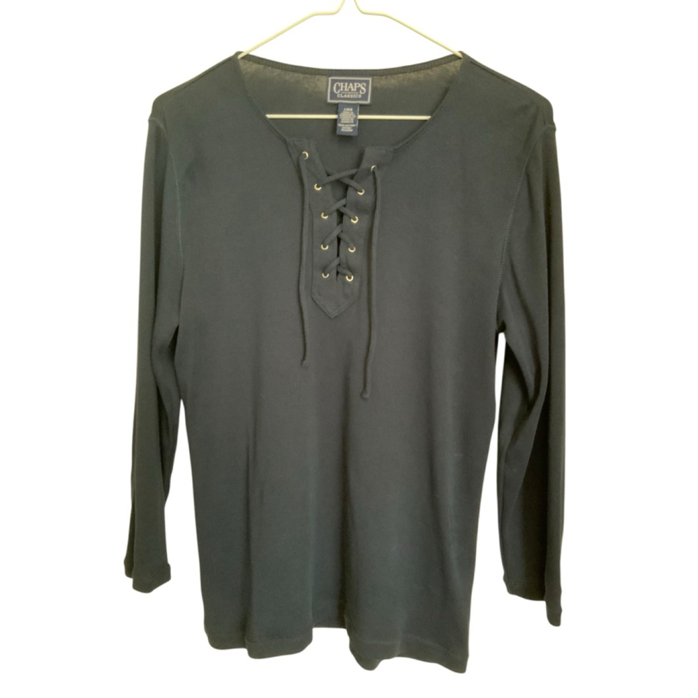 Chaps Black Gold Lace Up Long Sleeve T Shirt Large